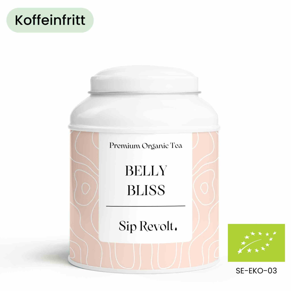 sip revolt te belly bliss ekologiskt koffeinfritt örtte bra för magen, matsmältning och uppblåsthet