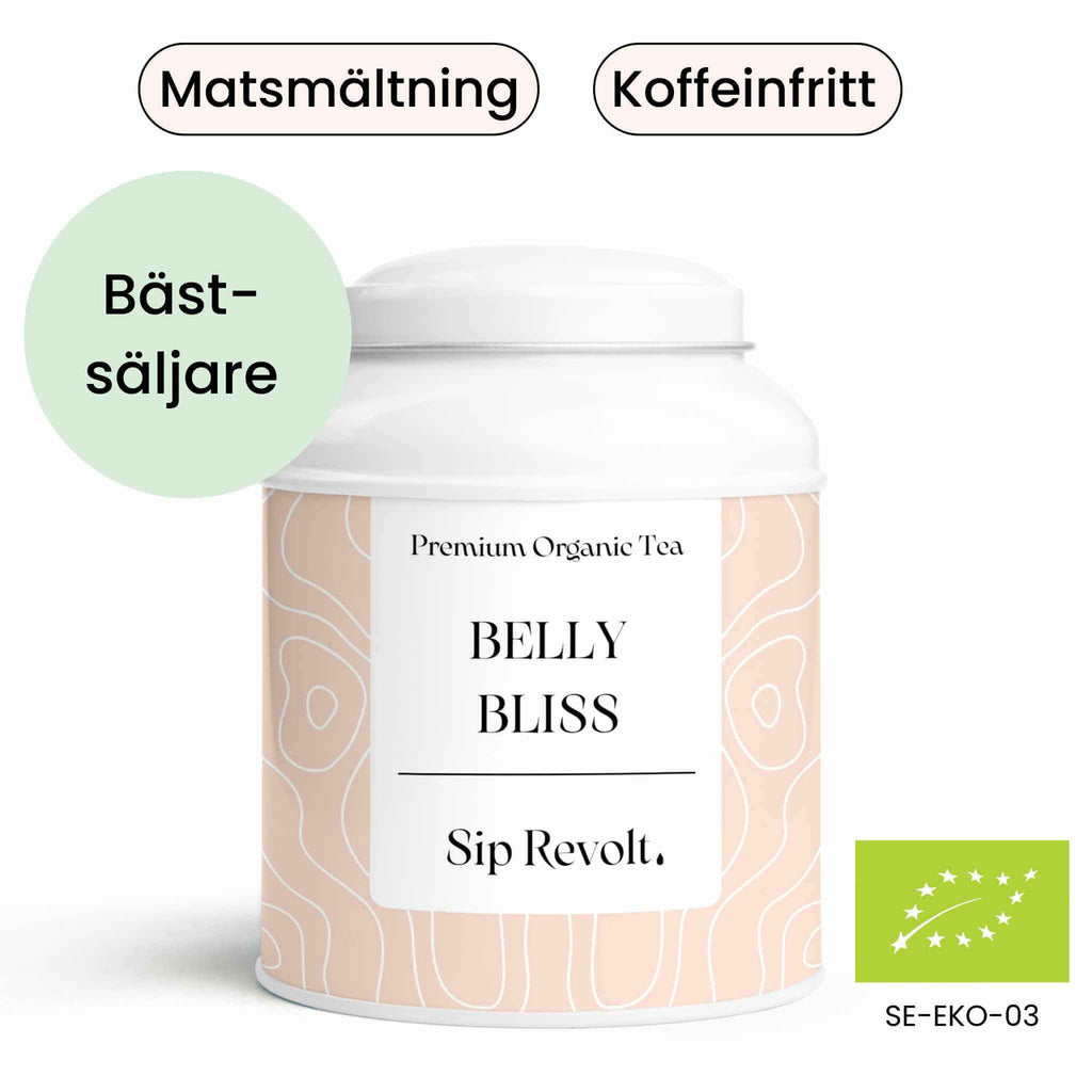 sip revolt te belly bliss ekologiskt koffeinfritt örtte bra för magen, matsmältning och uppblåsthet burk