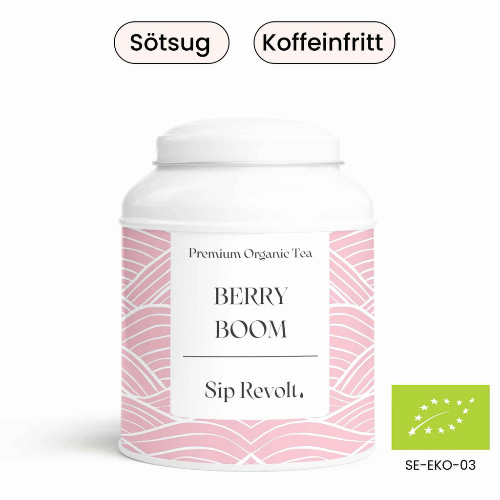 sip revolt te berry boom frukt bär iste jordgubbe hallon hibiskus ekologiskt koffeinfritt burk