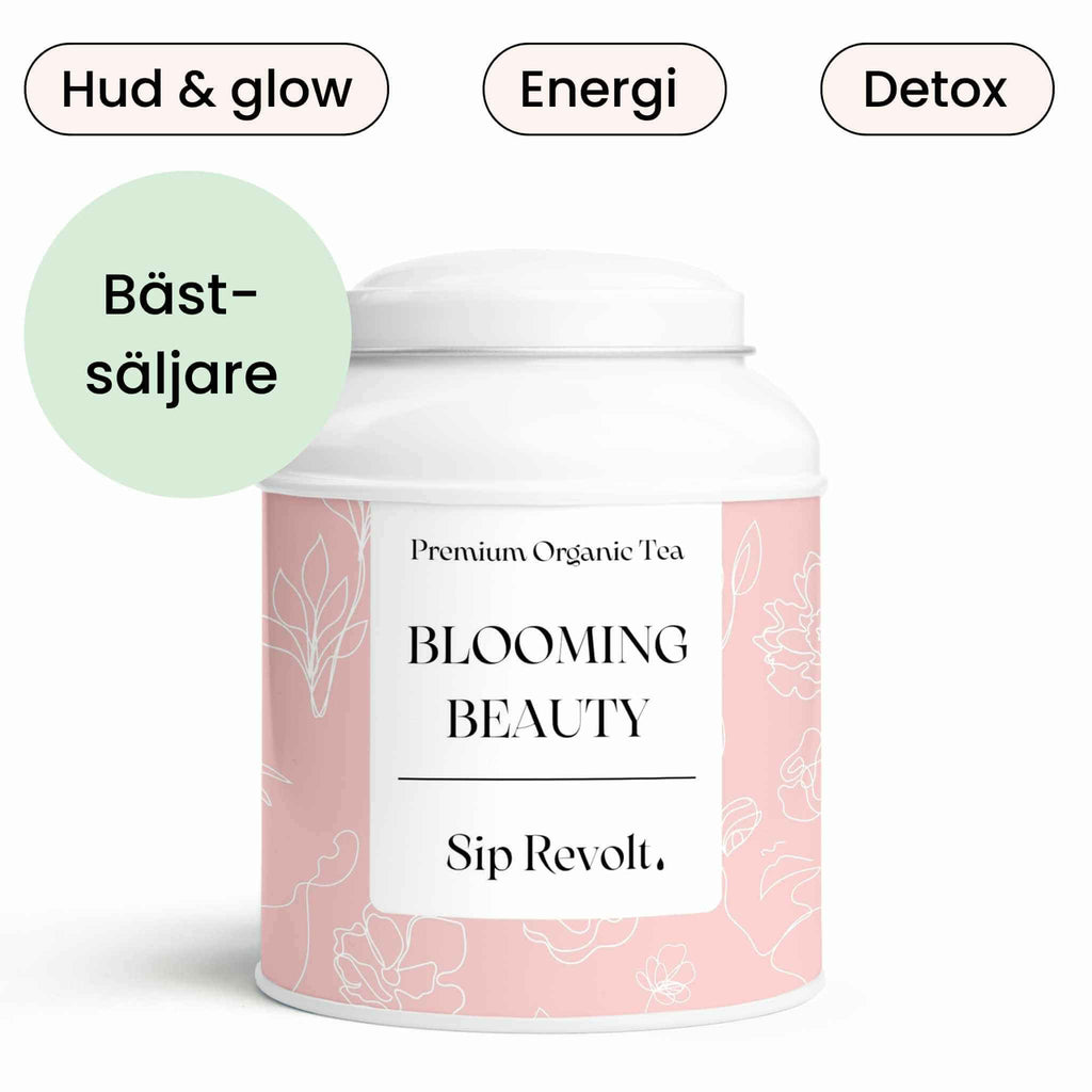 sip revolt te blooming beauty grönt te för vacker hud och välmående burk