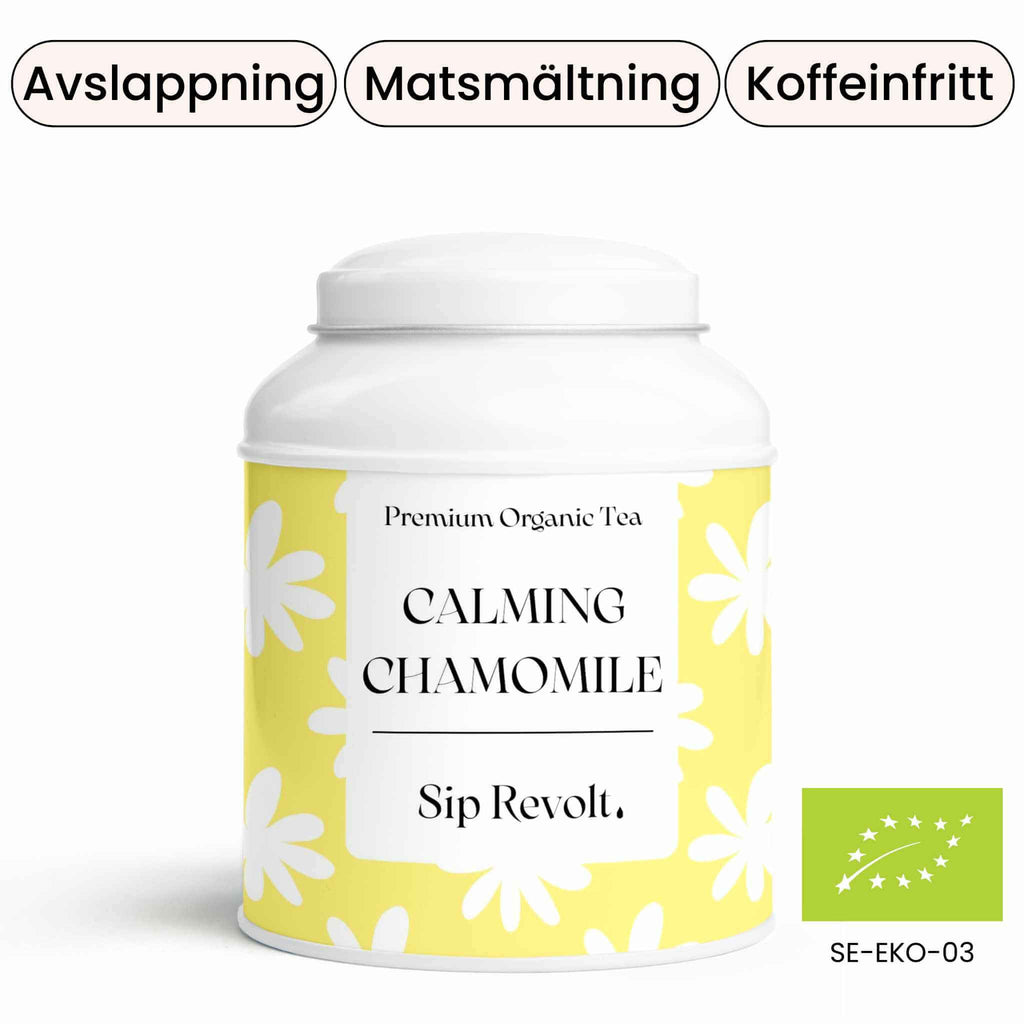 sip revolt te calming chamomile lugnande kvällste kamomill blommor sover bättre matsmältning koffeinfritt ekologiskt burk