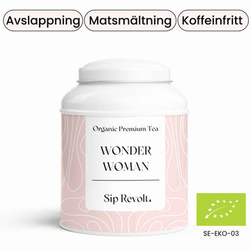 sip revolt te wonder woman stärka kvinna hälsa kamomill kanel äpple ingefära ekologiskt koffeinfritt lugnande matsmältning burk